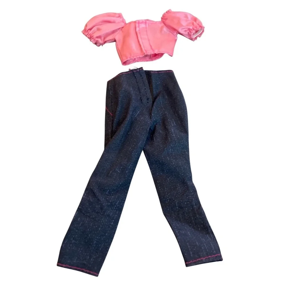 Vintage Barbie‎ Outfit Pink Silk Top Denim Dark Wash Jeans Pink Stitching